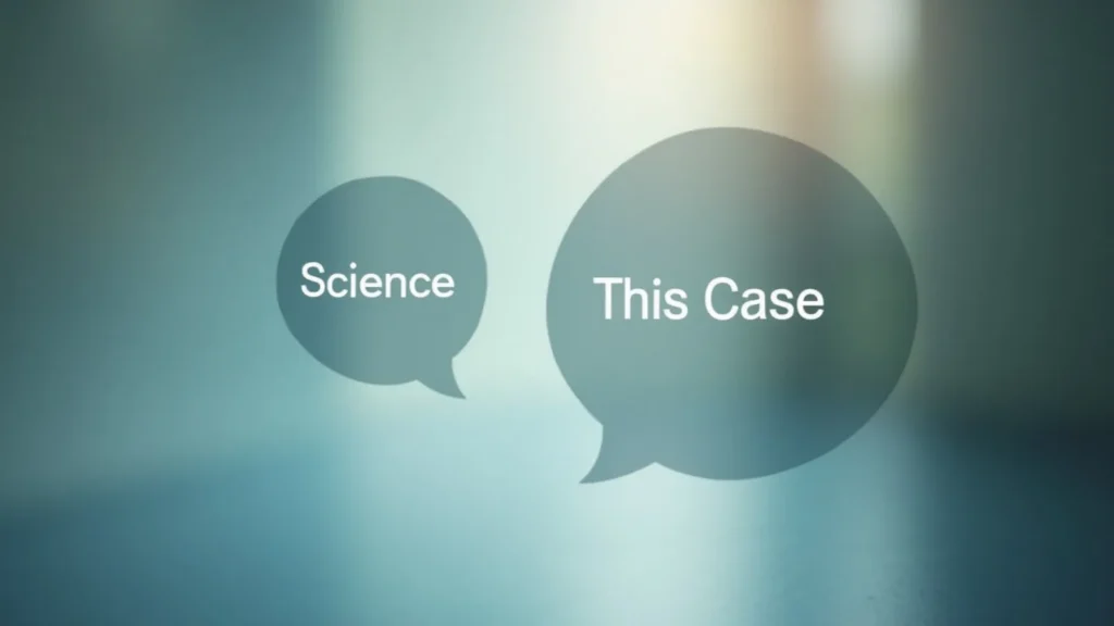 Two overlapping speech bubbles with the words 'Science' and 'This Case' on a soft teal gradient background, suggesting a science discussion.