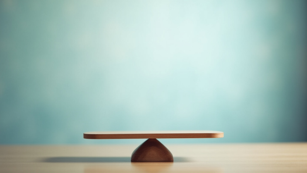 Wooden balance board on a small pedestal sits on a light wooden table with a teal blurred background