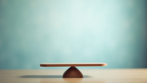 Wooden balance board on a small pedestal sits on a light wooden table with a teal blurred background