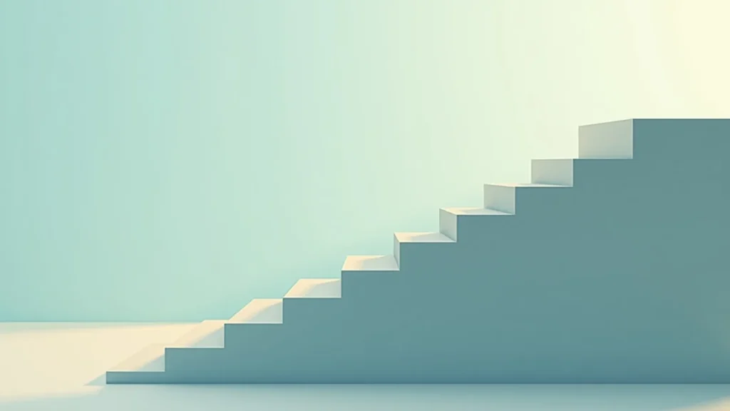 Abstract pastel illustration of a staircase ascending to the right, symbolizing progress or growth against a soft gradient background in mint and pale yellow.