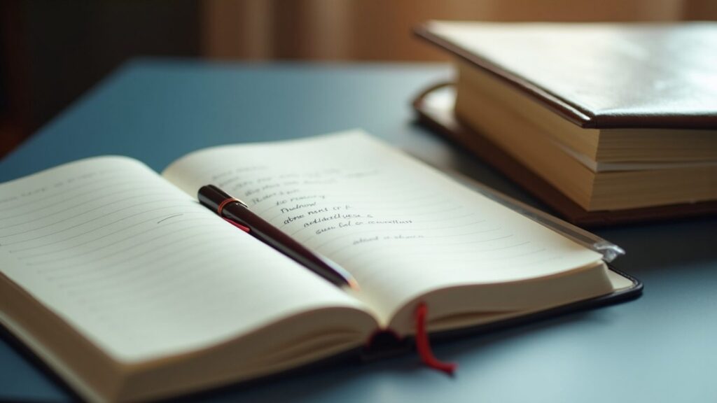Open notebook with a pen resting on lined pages, with a stack of books on a blue desk surface in the background.