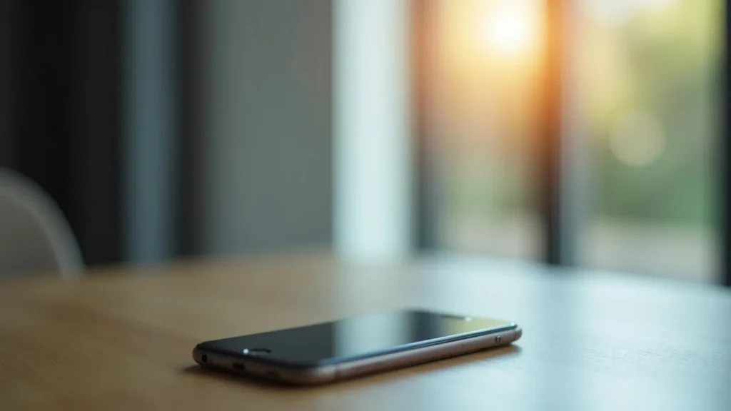 Smartphone lying flat on a wooden table with soft sunlight streaming through a window in the background.