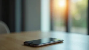Smartphone lying flat on a wooden table with soft sunlight streaming through a window in the background.