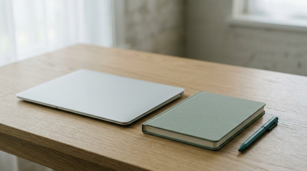 Closed laptop and notebook on a desk in soft light, representing parental alienation statistics and research