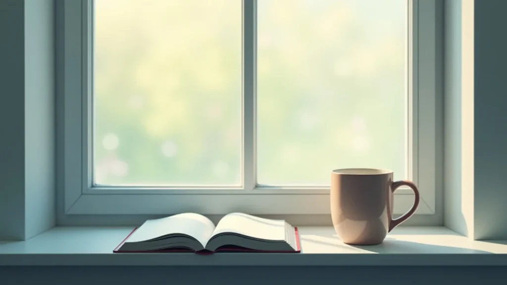 Open book and mug sit on a sunlit windowsill, with a soft, blurred outdoor view in the background.