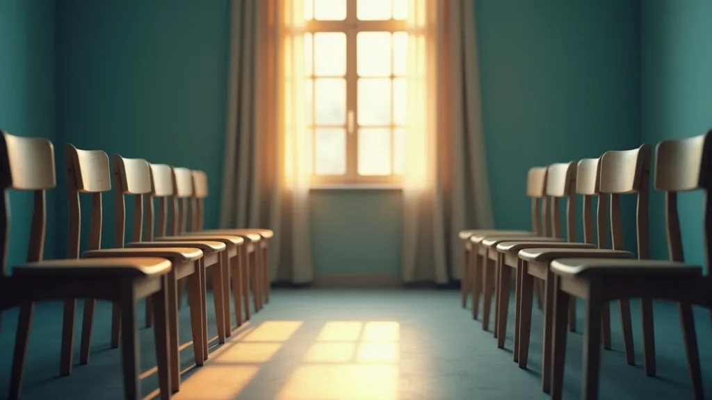 Empty sunlit room with two rows of wooden chairs facing a window with sheer curtains