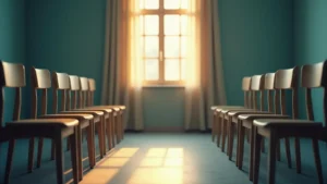 Empty sunlit room with two rows of wooden chairs facing a window with sheer curtains