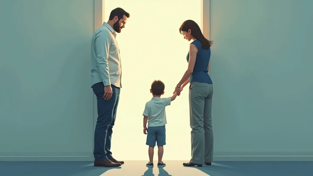 A man and a woman stand with their child between them, holding the child's hands as they face a bright doorway.