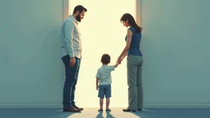 A man and a woman stand with their child between them, holding the child's hands as they face a bright doorway.