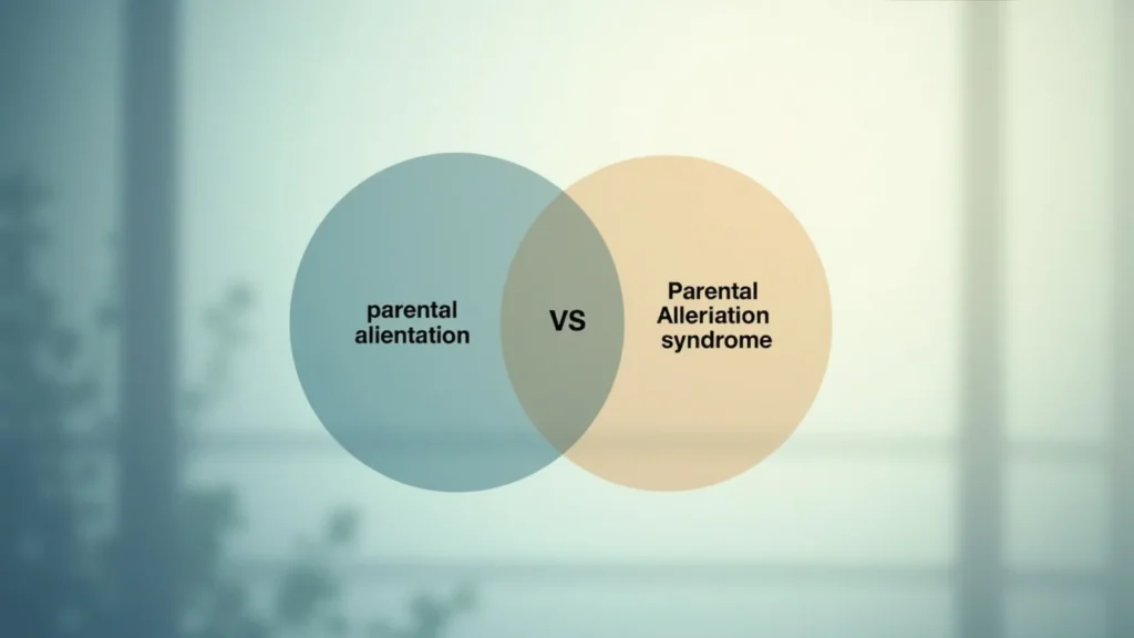 Venn diagram comparing 'parental alienation' (left) and 'Parental Allieration syndrome' (right) with 'VS' in the center.