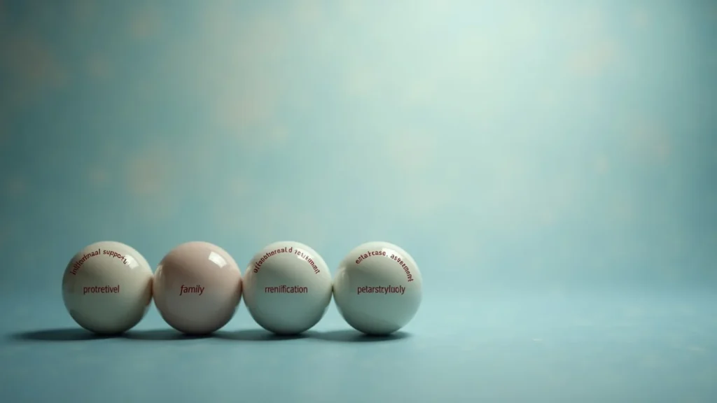 Four white glossy spheres lined up on a blue surface; one sphere reads 'family' among faint red words at rest on a pale background.