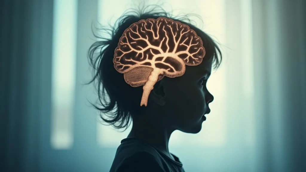 Side profile of a child with a glowing brain illustration overlaid on the head, highlighting brain anatomy.