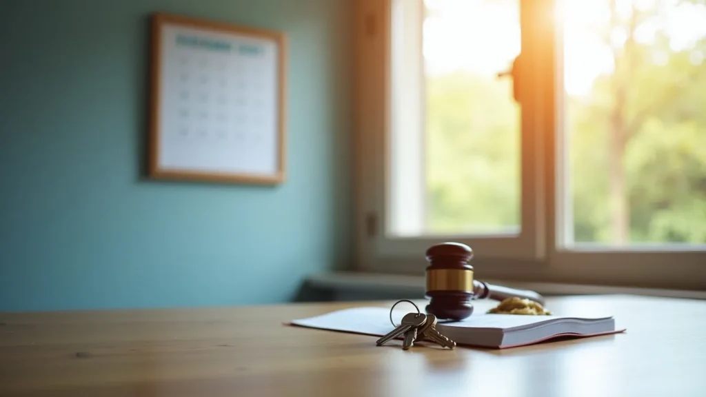 Gavel with brass band on a desk beside keys and an open notebook in a sunlit room.