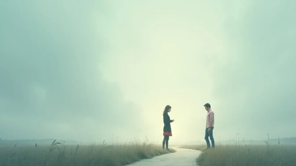 A man and woman stand apart on a narrow path in a grassy field beneath a pale, glowing sky.