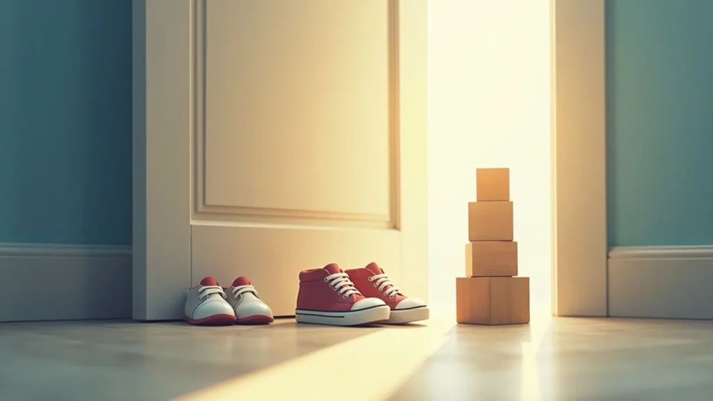 Pair of red-and-white kids' sneakers by a sunlit doorway with a wooden block tower nearby