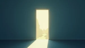 Open doorway letting in a warm, bright light onto a dark room, revealing a sunlit landscape with distant mountains.