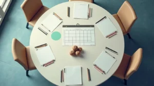 Overhead view of a round white table with six notebooks and pencils arranged around it, a calendar sheet in the center, and small pumpkins in the middle, surrounded by tan chairs.