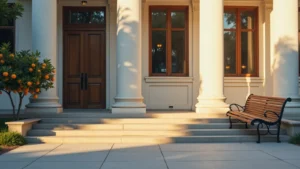 Front porch of a classical house with tall columns, wooden double doors, and a wooden bench on the steps beside an orange tree.