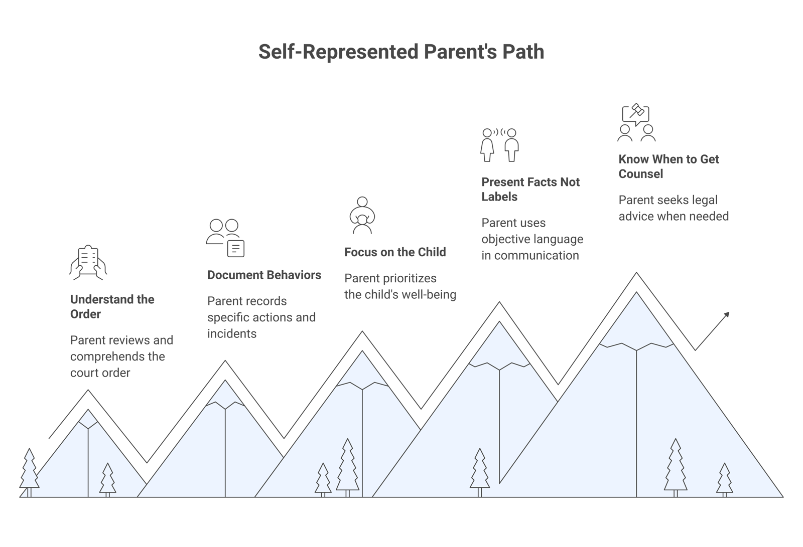 Five-step path for a self-represented parent: understand the order, document behaviors, focus on the child, present facts not labels, know when to get counsel.