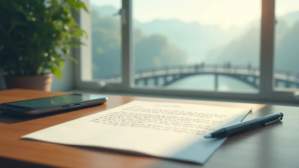 Desk with a handwritten document, pen, and smartphone near a window overlooking a blurred bridge and greenery.