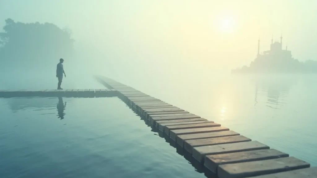 Person walking along a wooden pier that stretches across a misty lake at sunrise; pale pastel sky and a distant silhouette of a temple on the right.