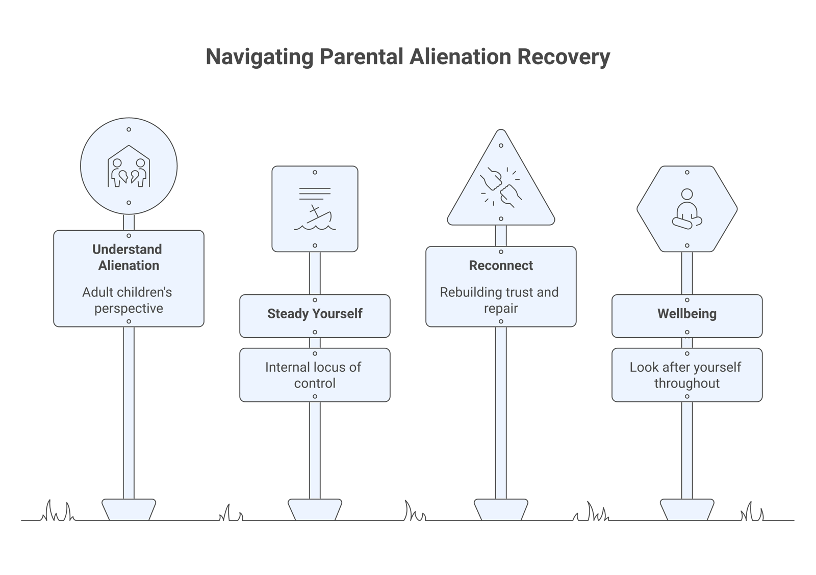 A three-part recovery path, understand then steady yourself then reconnect, each listing its pages, above a baseline reading look after your wellbeing.