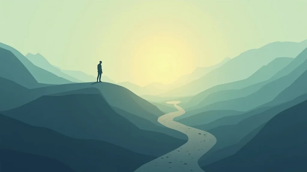Silhouetted person stands on a hill as a winding river meanders through blue mountains at sunrise.