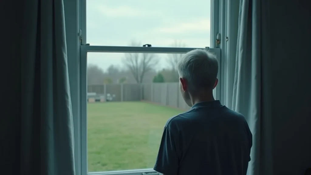 Child with light gray hair stands at an open window, looking out at a fenced backyard.