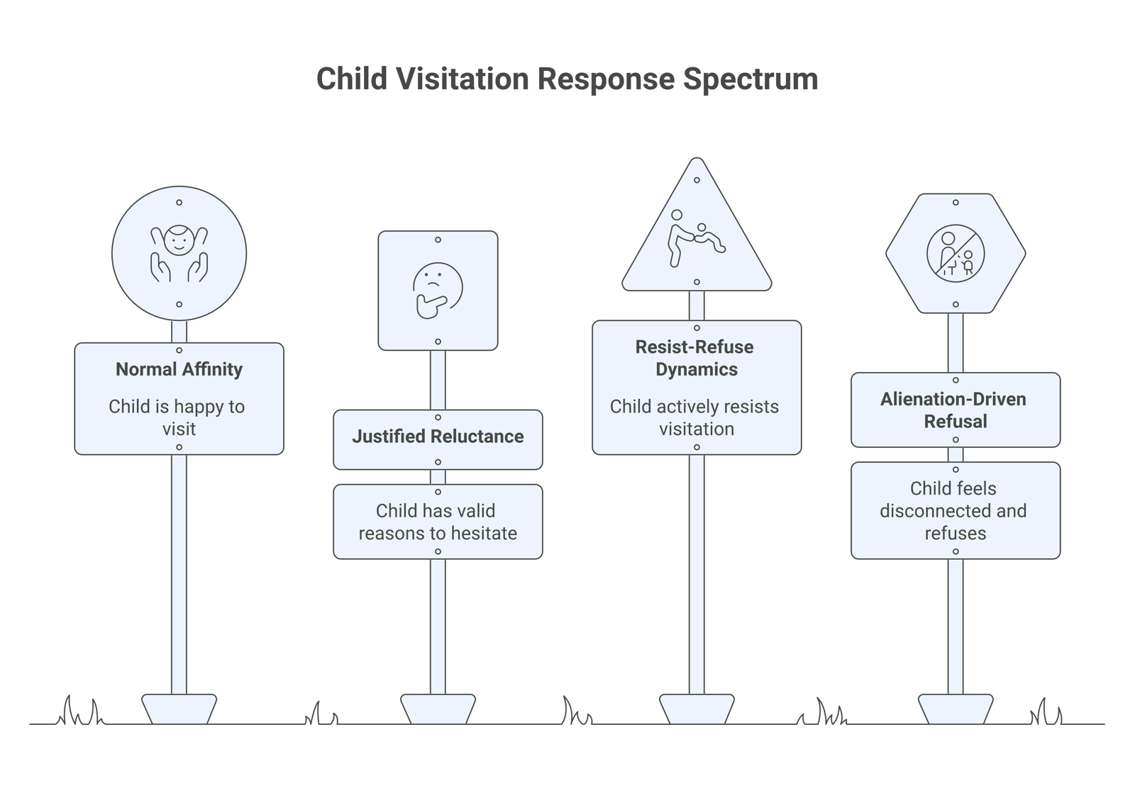 A spectrum from normal affinity to justified reluctance to resist-refuse dynamics to alienation-driven refusal of visitation.