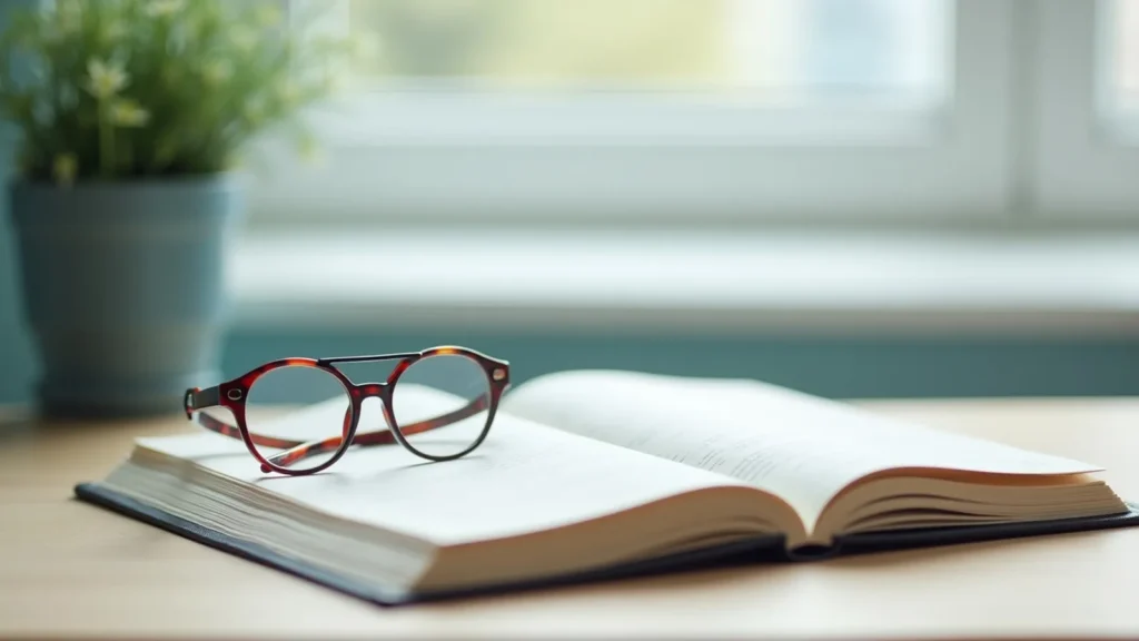 Open book on a desk with red-framed glasses resting on the pages, plant in the blurred background by a window.