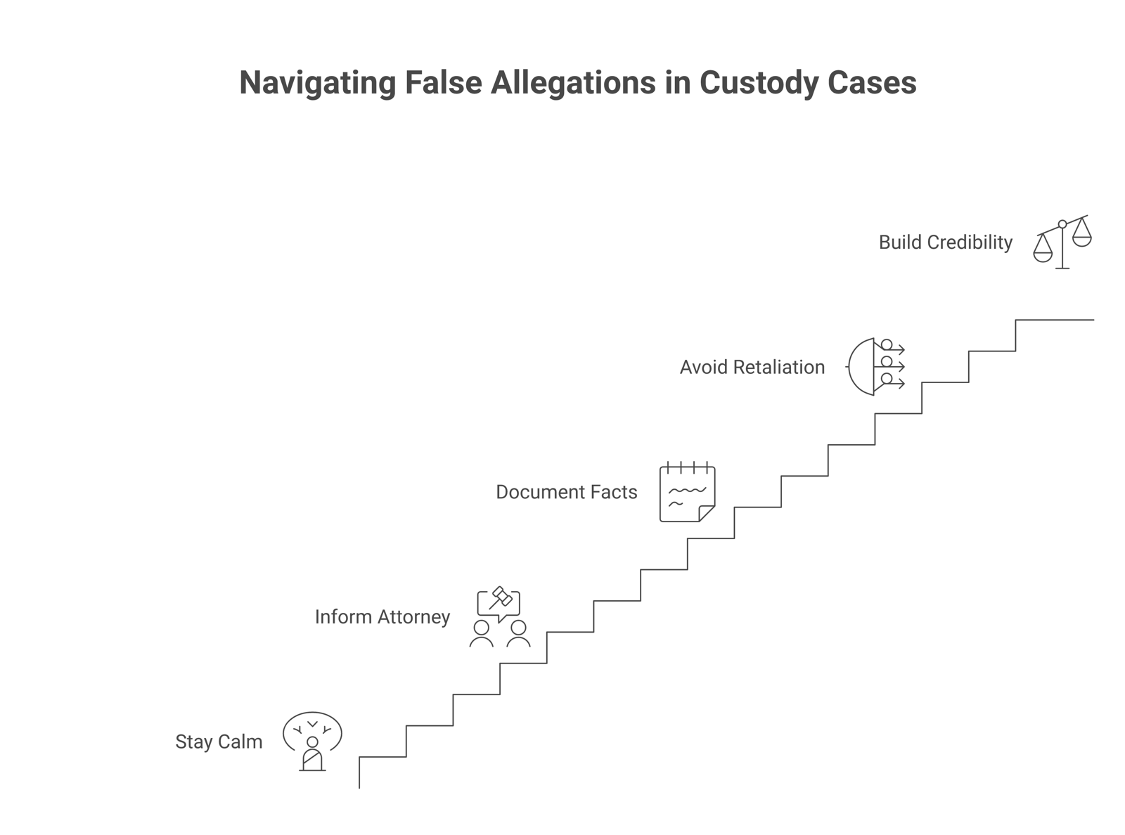 Five-step sequence for responding to false allegations in a custody case: stay calm and comply, tell your attorney everything, document facts and witnesses, avoid retaliation and unsupervised situations, and let the record and your credibility carry the case.
