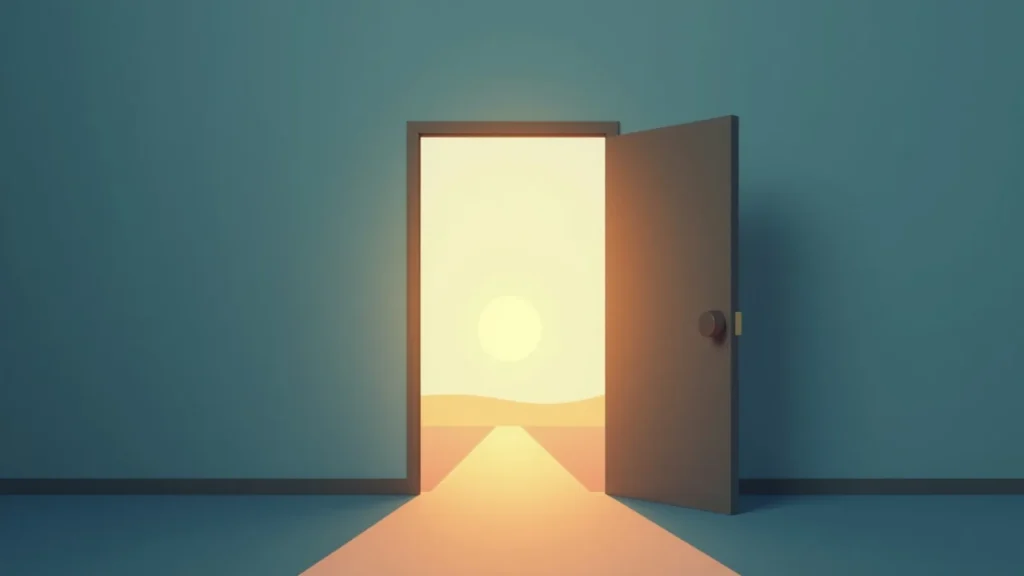 Open door opening to a bright sunrise over a desert road, suggesting a new opportunity ahead