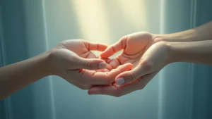 Two hands gently cupping each other in a caring, supportive gesture as light shines behind them.