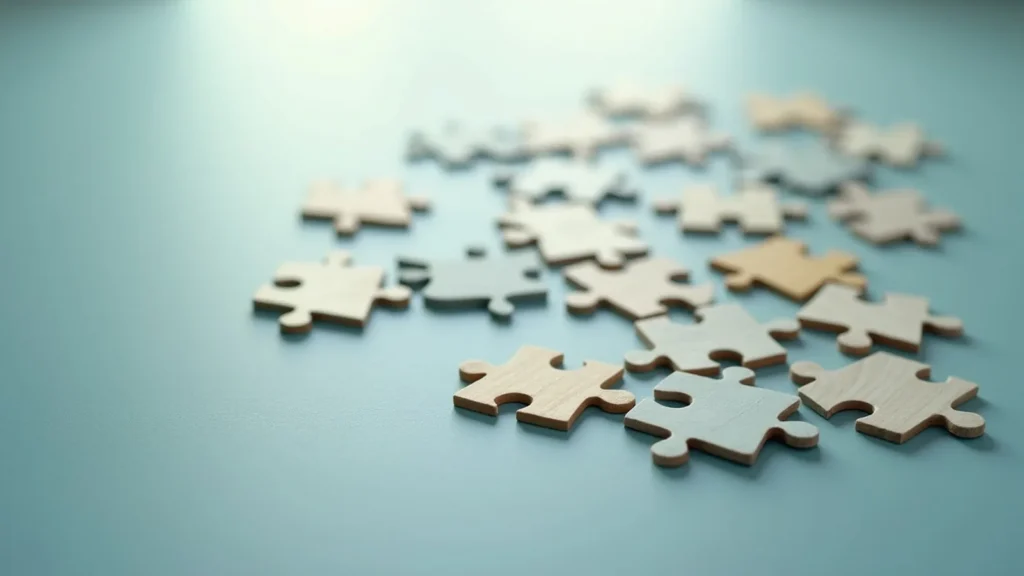 Wooden jigsaw puzzle pieces scattered on a blue tabletop; pieces not connected.