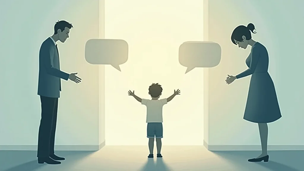 Child stands with arms raised between two adults in a doorway, suggesting communication or encouragement with speech bubbles overhead