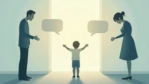 Child stands with arms raised between two adults in a doorway, suggesting communication or encouragement with speech bubbles overhead