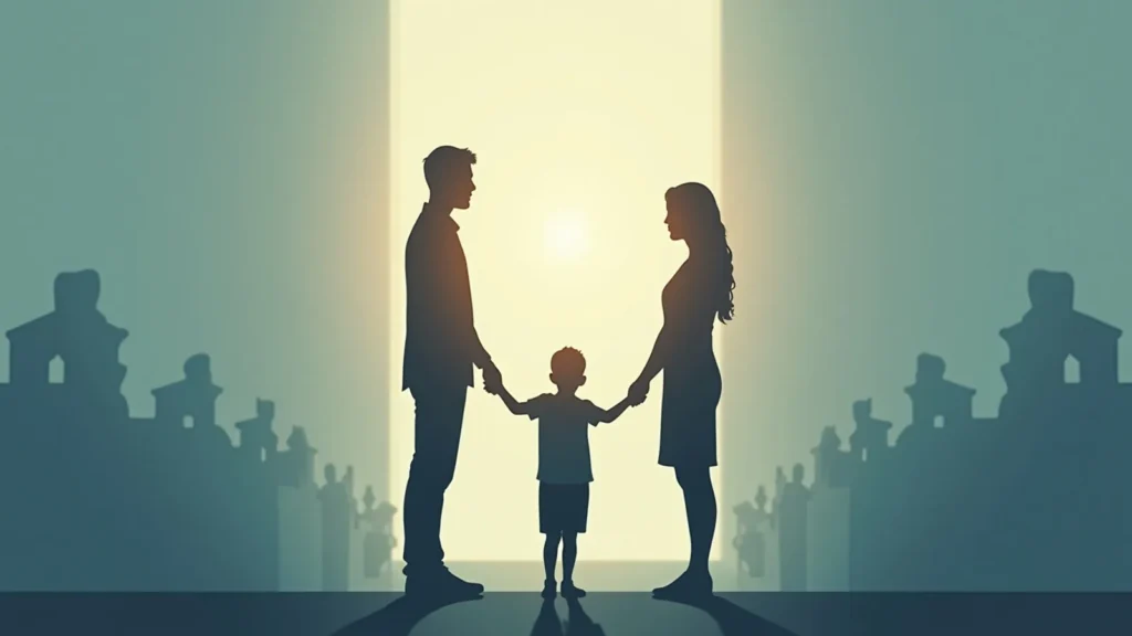 Silhouetted family of three holding hands in a doorway of bright light, with a crowd of silhouettes in the background.