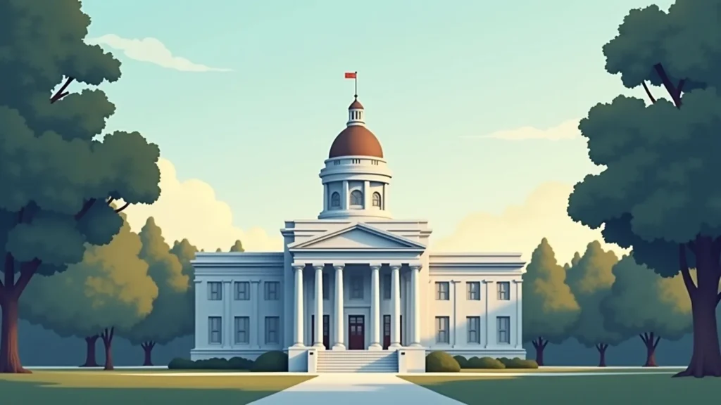 Illustrated white neoclassical capitol building with a dome and columns, set in a tree-lined park.