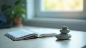 Open notebook on a light desk next to a small stack of three smooth stones by a bright window.
