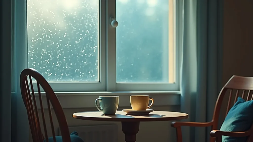Two coffee cups on a small round table by a rain-speckled window, wooden chairs nearby.