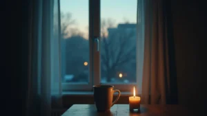 Mug and lit candle on a wooden table by a window with blue evening light.