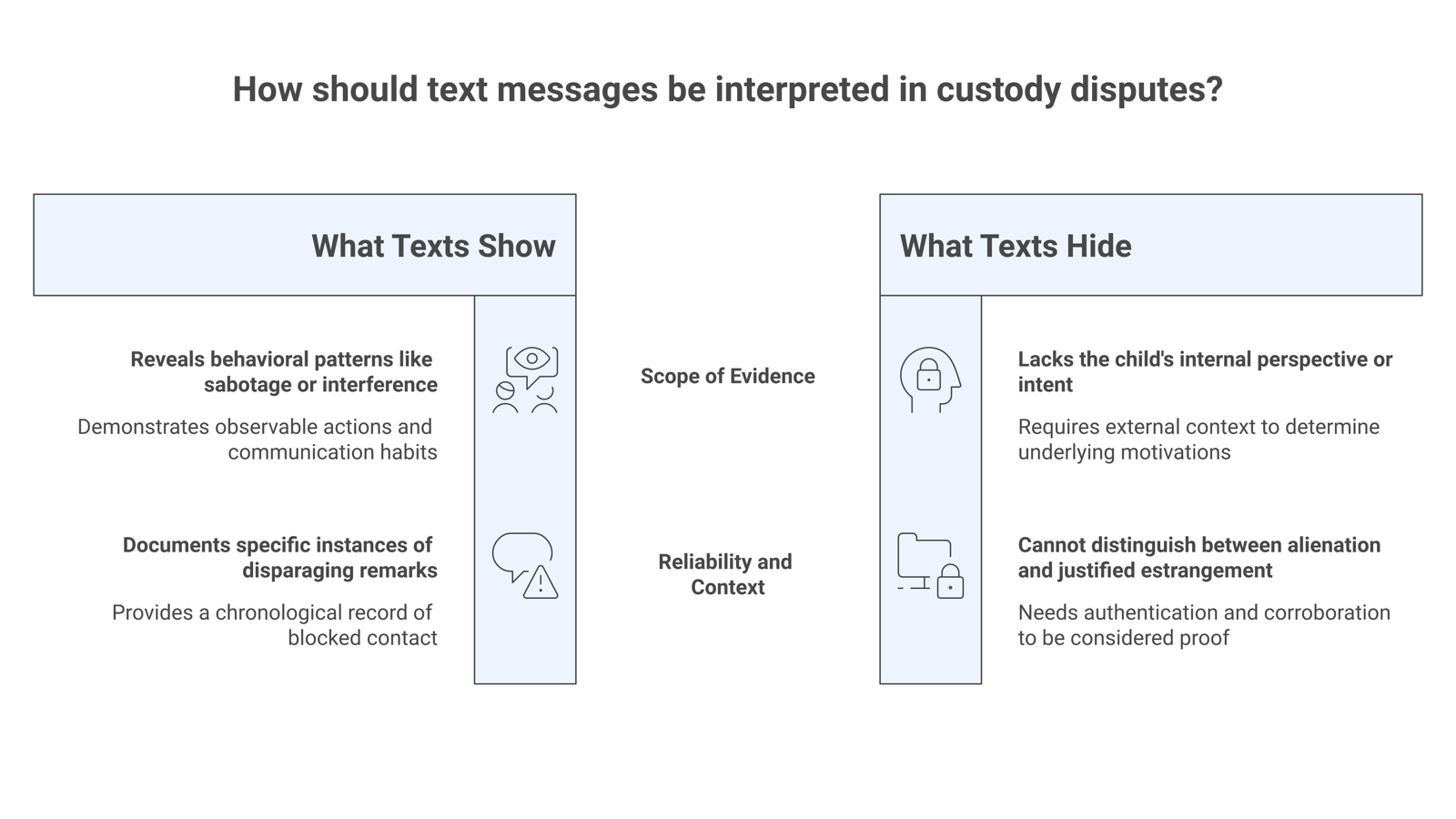 Two-column comparison of what text messages can show (a pattern of denied exchanges, disparagement, blocked contact) versus what they cannot show alone.