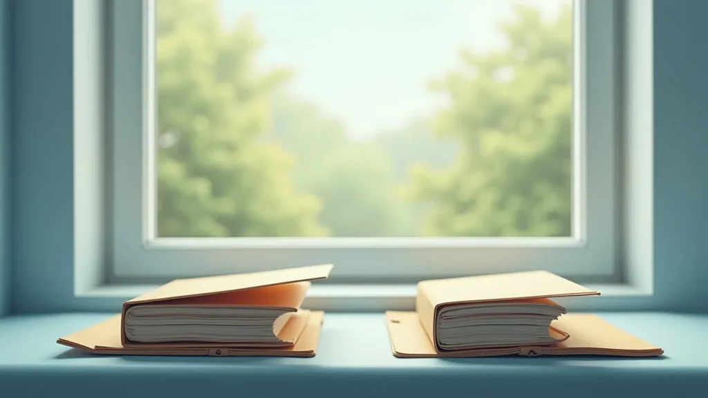 Two orange file folders with papers sit on a blue windowsill, a sunlit green garden blurred outside.