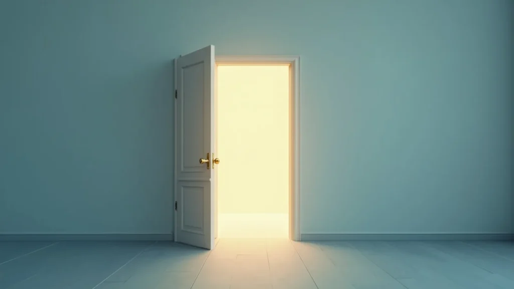 An open white door in a pale blue room reveals bright light beyond, with brass doorknobs on the left side.