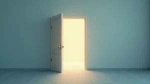 An open white door in a pale blue room reveals bright light beyond, with brass doorknobs on the left side.