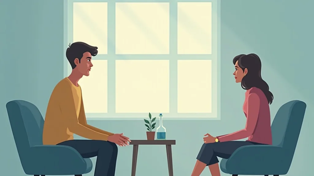 Two people sit facing each other in a calm room, separated by a small table with a plant and a bottle between them.