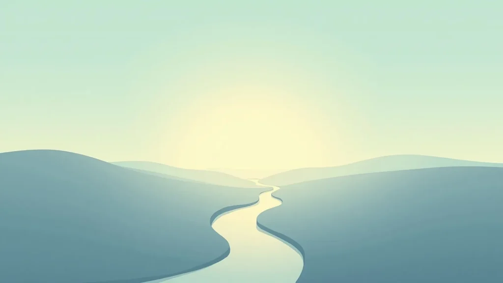 Abstract sunrise over gentle blue hills with a winding river cutting through the valley.