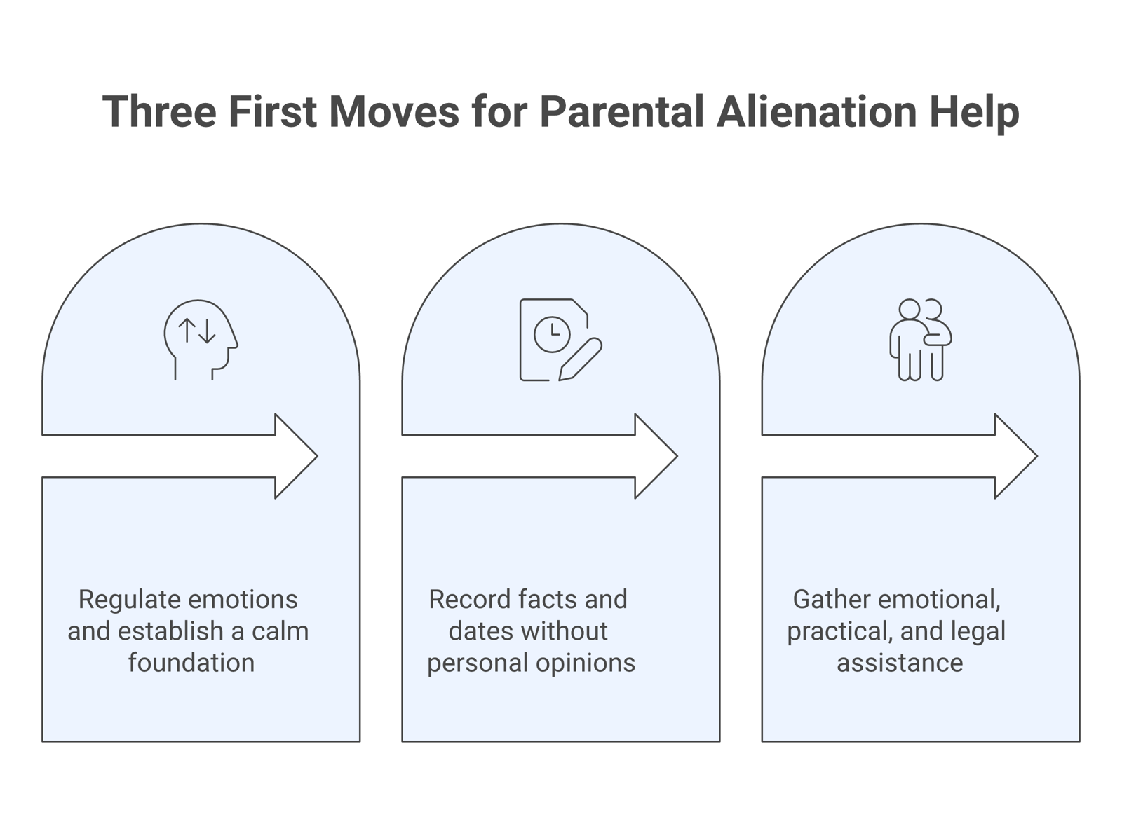 A three-step sequence for getting parental alienation help: steady yourself, document calmly, then line up emotional, practical, and legal support.