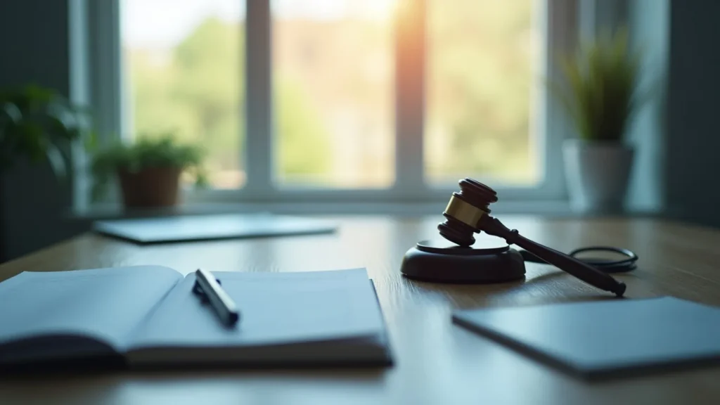 Gavel resting on a wooden desk next to an open notebook and pen, with a sunlit window and plants in the blurred background.