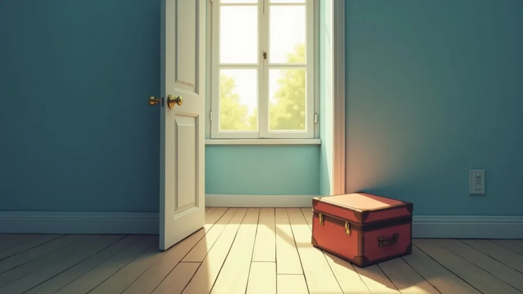 Open white door into a sunlit blue-walled room with a window; a red vintage suitcase sits on the wooden floor near the corner.
